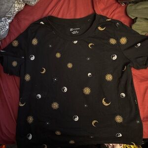 Black Graphic Tee with Sun and Moon Design